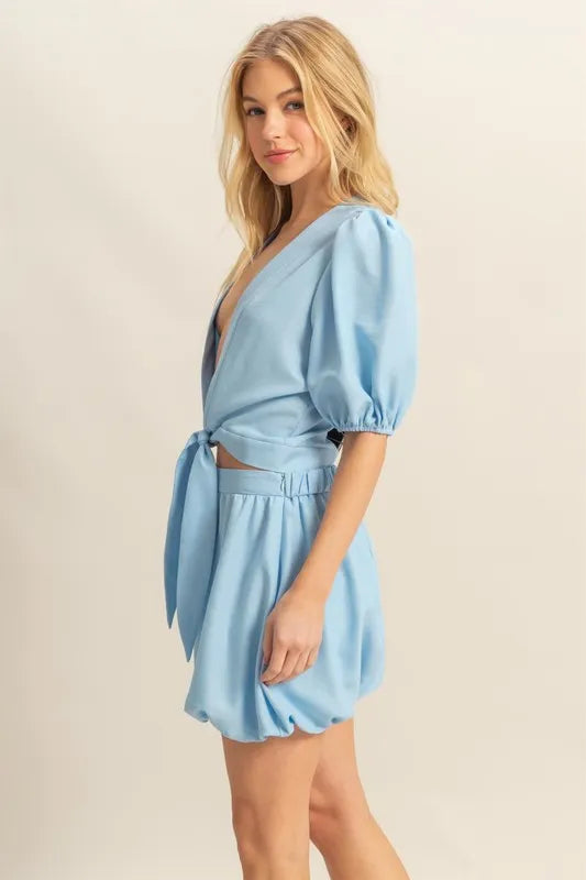 HYFVE Front Tie Top and Bubble Hem Shorts-HYFVE-L.BLUE-L-Urbanheer