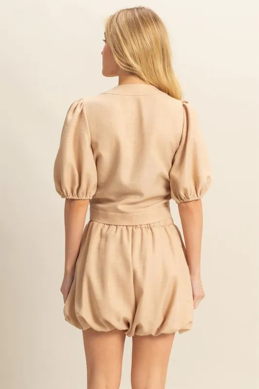 HYFVE Front Tie Top and Bubble Hem Shorts-HYFVE-TAUPE-S-Urbanheer