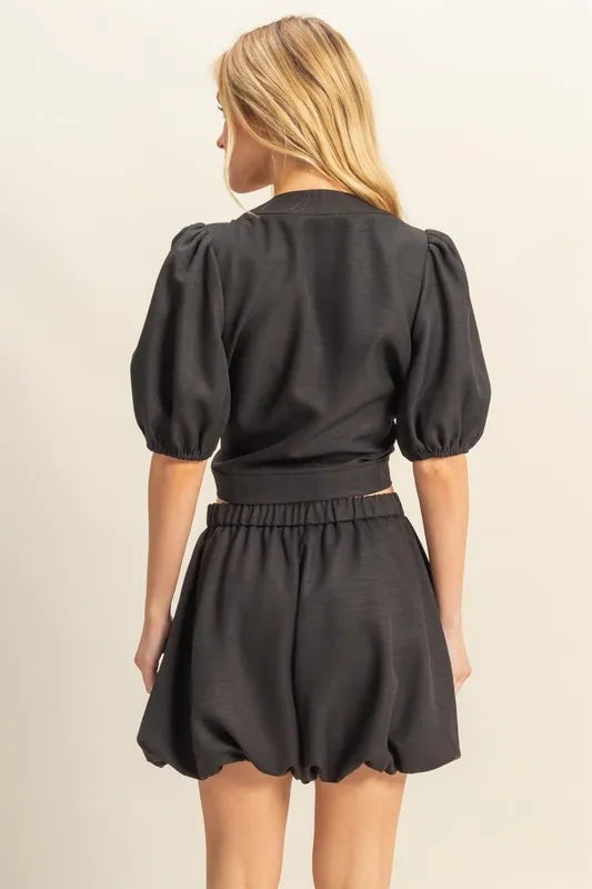 HYFVE Front Tie Top and Bubble Hem Shorts-HYFVE-BLACK-S-Urbanheer