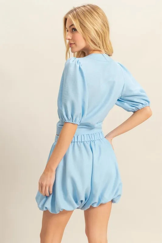 HYFVE Front Tie Top and Bubble Hem Shorts-HYFVE-L.BLUE-L-Urbanheer