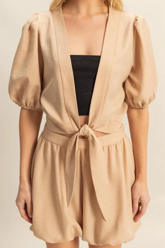 HYFVE Front Tie Top and Bubble Hem Shorts-HYFVE-TAUPE-S-Urbanheer