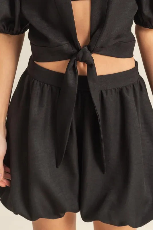 HYFVE Front Tie Top and Bubble Hem Shorts-HYFVE-BLACK-S-Urbanheer