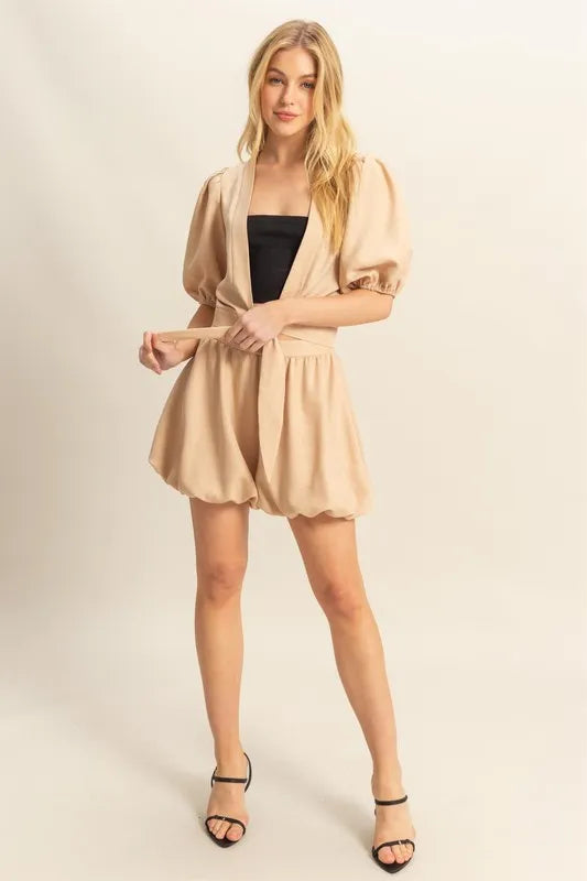 HYFVE Front Tie Top and Bubble Hem Shorts-HYFVE-TAUPE-S-Urbanheer