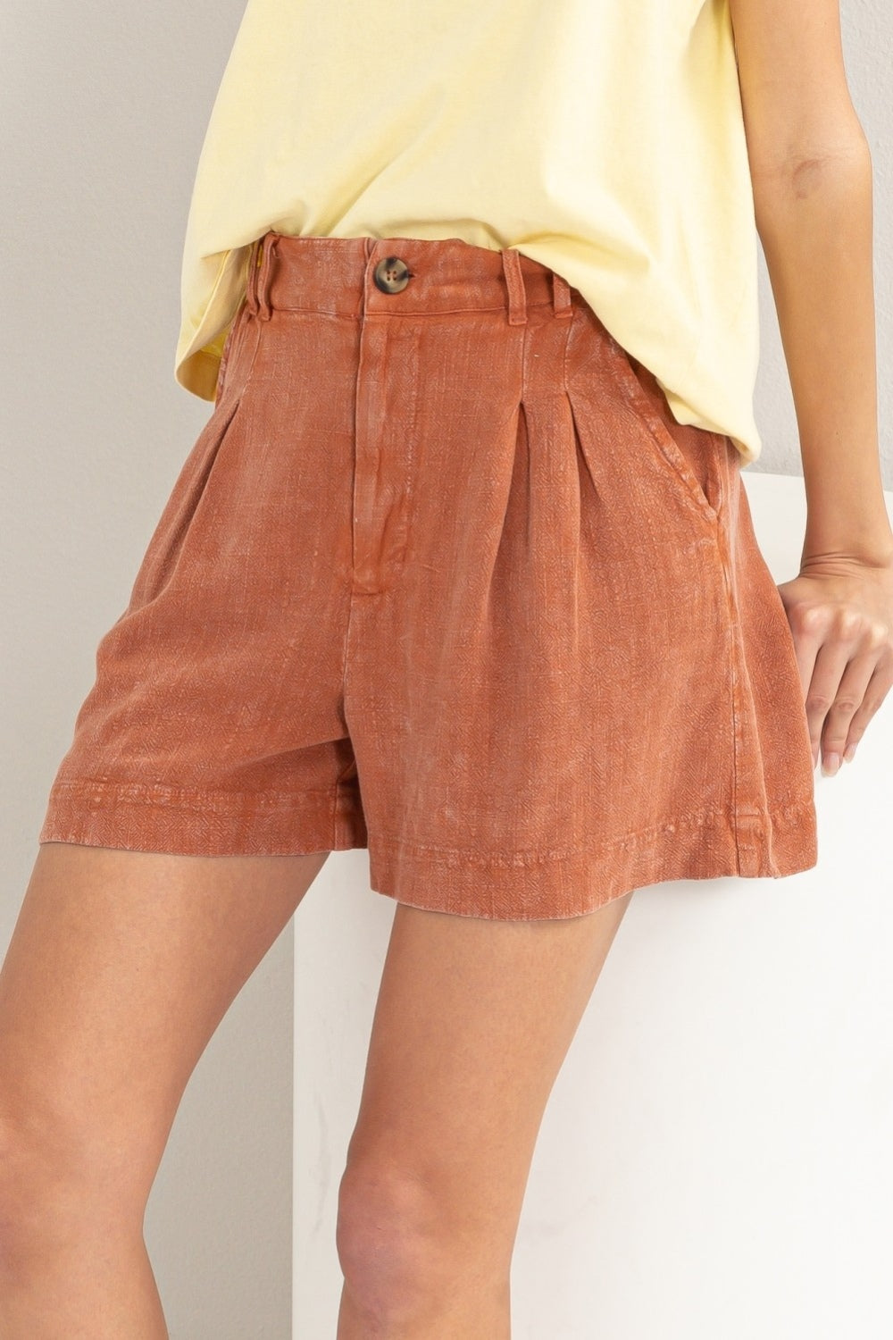 HYFVE High Waist Pleated Linen Shorts-HYFVE-Baked Clay-S-Urbanheer