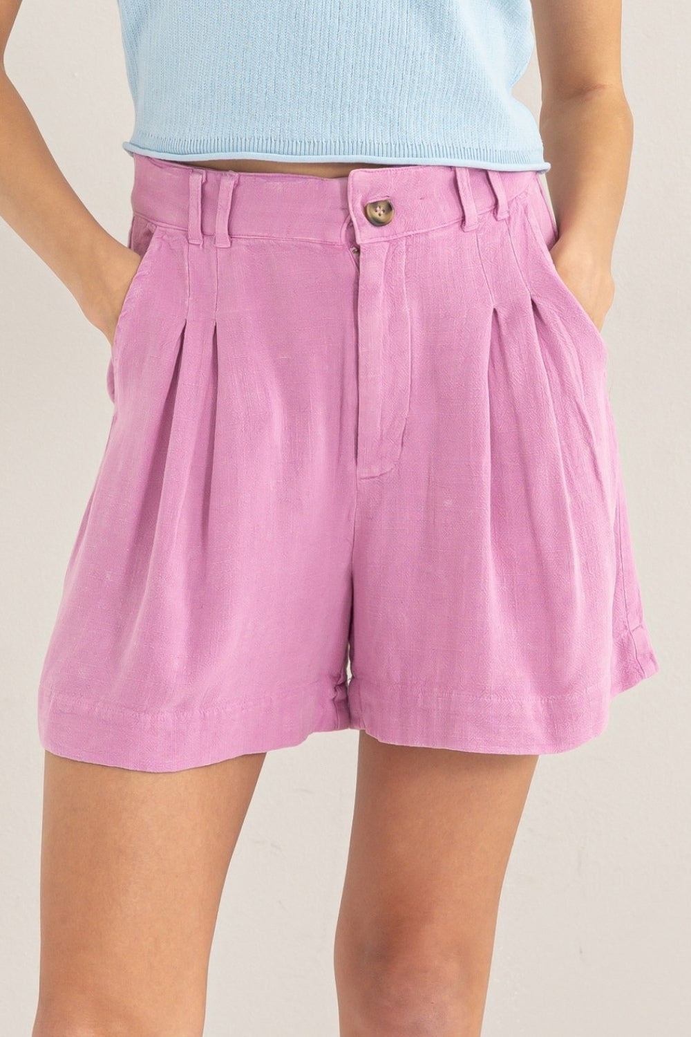 HYFVE High Waist Pleated Linen Shorts-HYFVE-Pink-S-Urbanheer