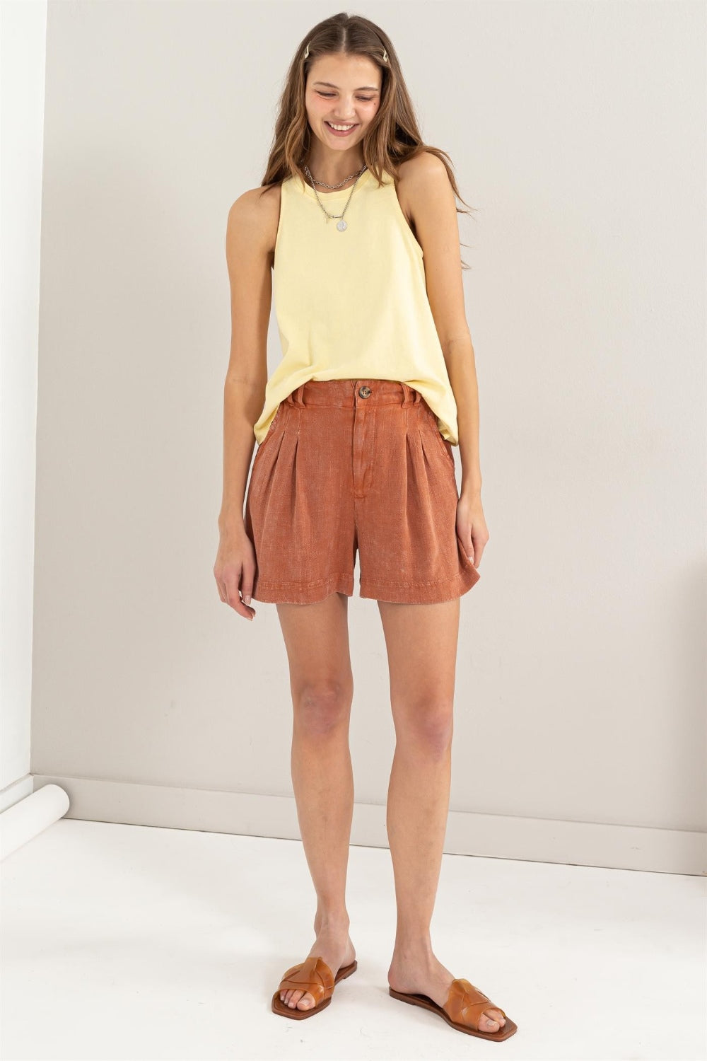 HYFVE High Waist Pleated Linen Shorts-HYFVE-Baked Clay-S-Urbanheer