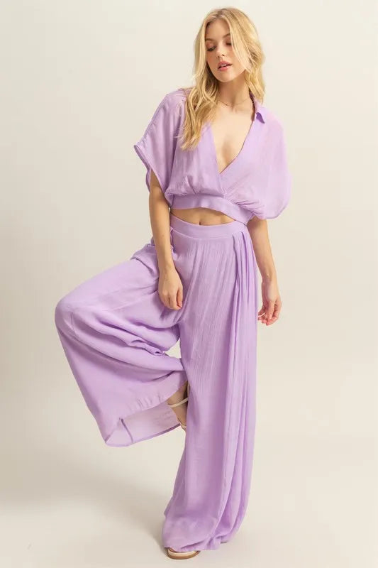 HYFVE Kimono Sleeve Crop Top and Wide Leg Pants Set-HYFVE-Pink Purple-S-Urbanheer