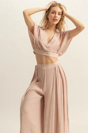 HYFVE Kimono Sleeve Crop Top and Wide Leg Pants Set-HYFVE-Tan-S-Urbanheer