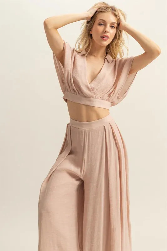 HYFVE Kimono Sleeve Crop Top and Wide Leg Pants Set-HYFVE-Tan-S-Urbanheer