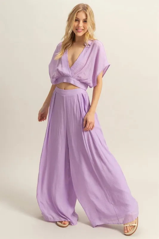 HYFVE Kimono Sleeve Crop Top and Wide Leg Pants Set-HYFVE-Pink Purple-S-Urbanheer