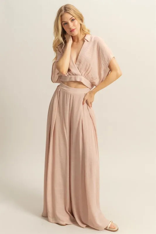 HYFVE Kimono Sleeve Crop Top and Wide Leg Pants Set-HYFVE-Tan-S-Urbanheer