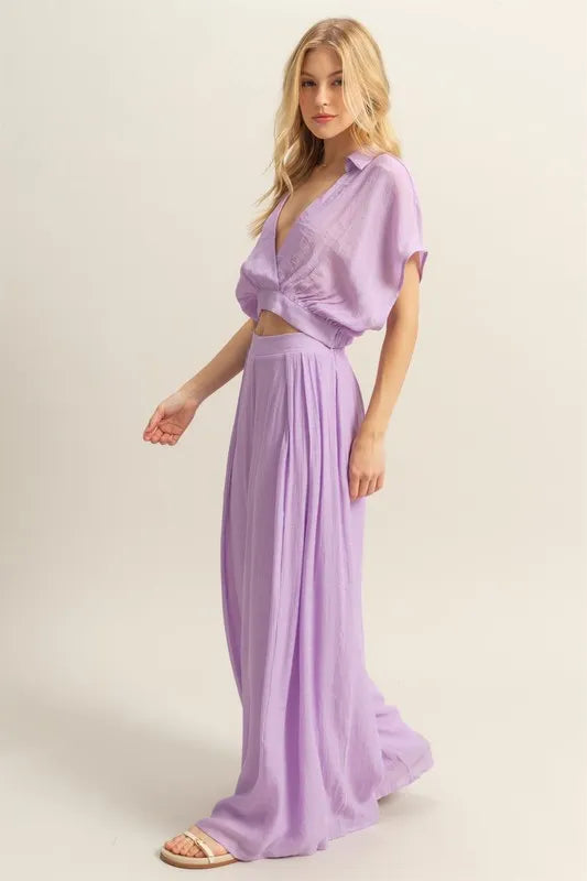 HYFVE Kimono Sleeve Crop Top and Wide Leg Pants Set-HYFVE-Pink Purple-S-Urbanheer