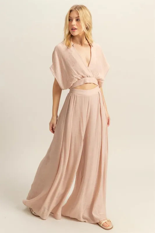 HYFVE Kimono Sleeve Crop Top and Wide Leg Pants Set-HYFVE-Tan-S-Urbanheer