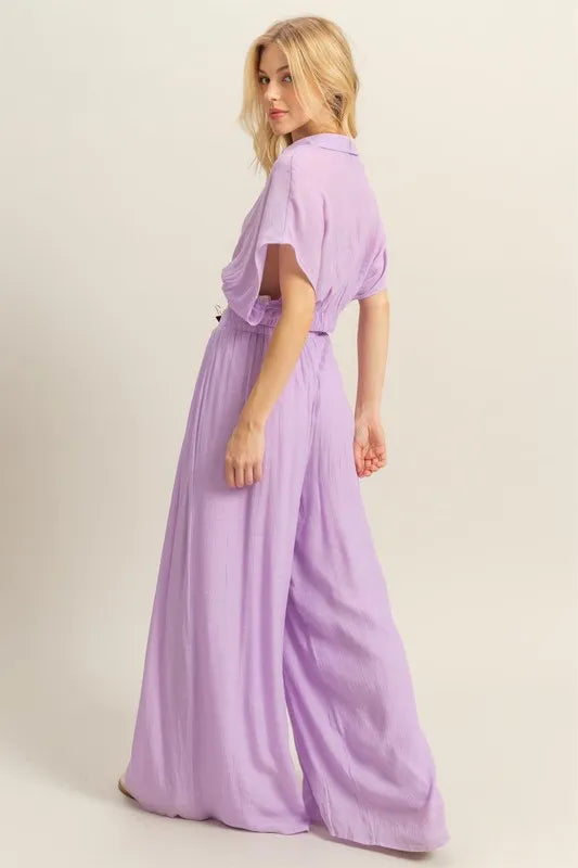 HYFVE Kimono Sleeve Crop Top and Wide Leg Pants Set-HYFVE-Pink Purple-S-Urbanheer