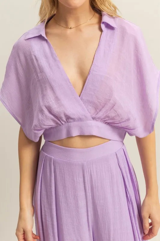 HYFVE Kimono Sleeve Crop Top and Wide Leg Pants Set-HYFVE-Pink Purple-S-Urbanheer