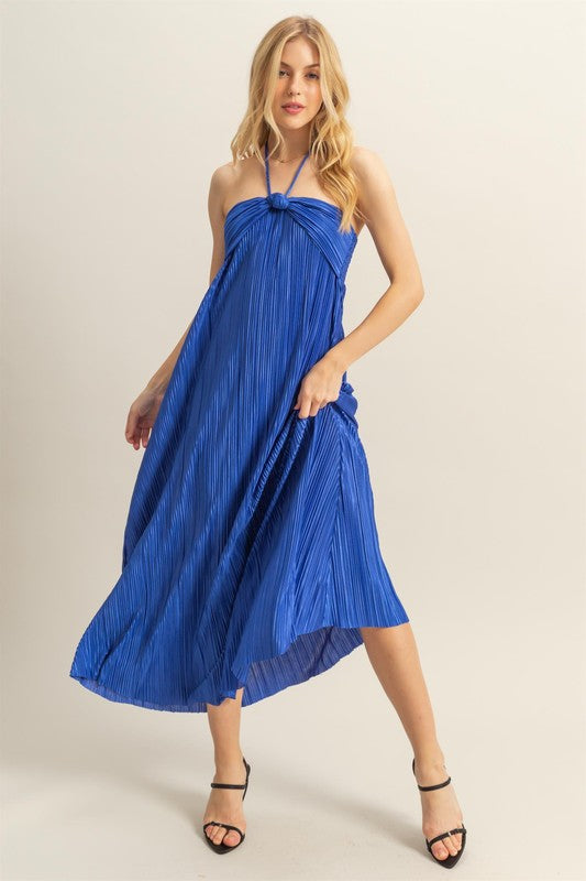 HYFVE Knotted Detail Halter Neck Flowy Maxi Dress-HYFVE-Royal Blue-S-Urbanheer