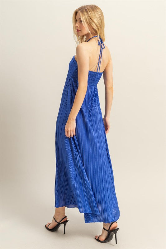 HYFVE Knotted Detail Halter Neck Flowy Maxi Dress-HYFVE-Royal Blue-S-Urbanheer
