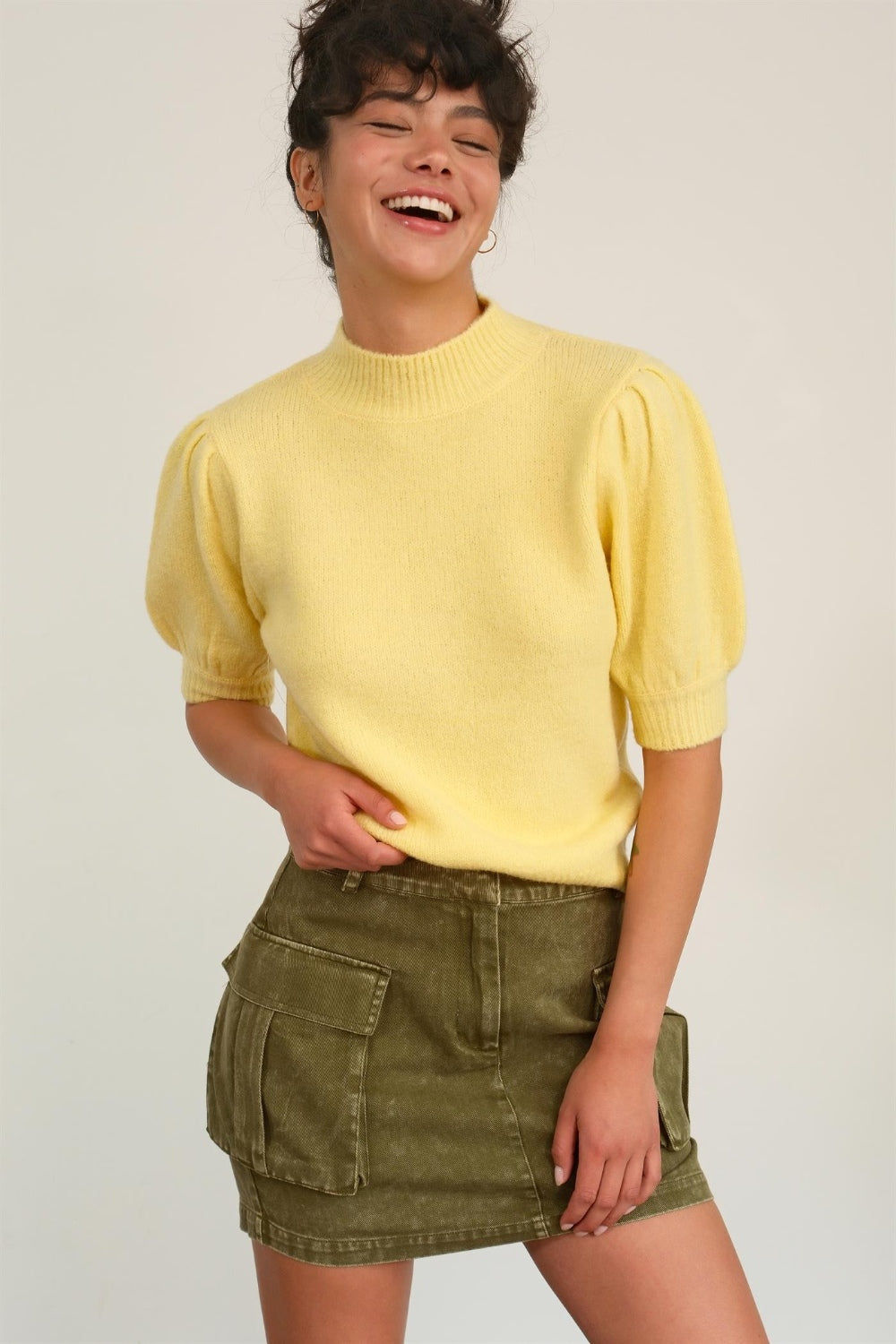 HYFVE Mock Neck Puff Sleeve Sweater-HYFVE-Creamy Yellow-S-Urbanheer