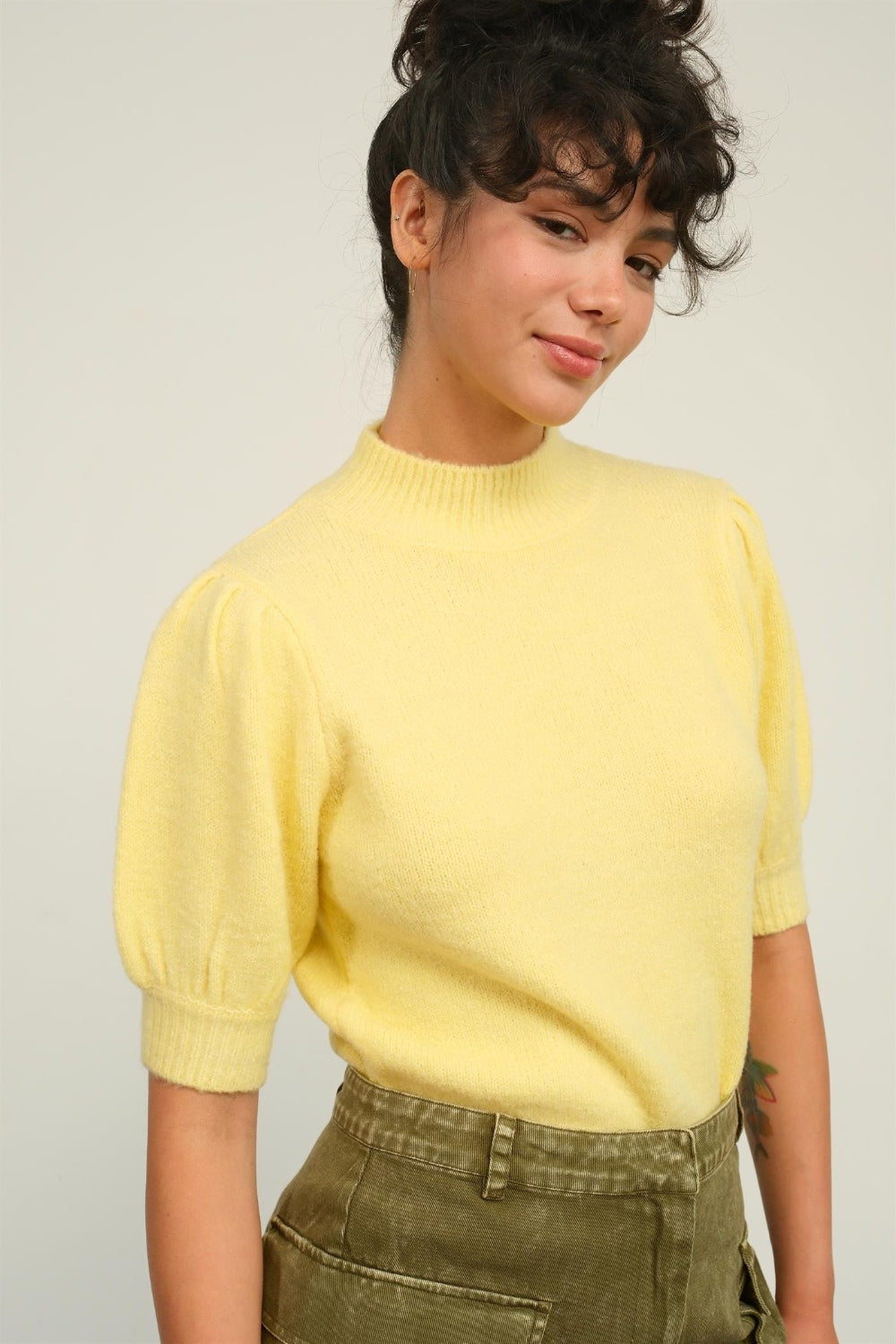 HYFVE Mock Neck Puff Sleeve Sweater-HYFVE-Creamy Yellow-S-Urbanheer