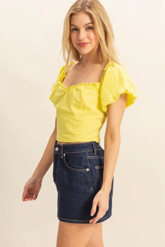 HYFVE Puff Sleeve Sweetheart Neck Top-HYFVE-YELLOW-S-Urbanheer