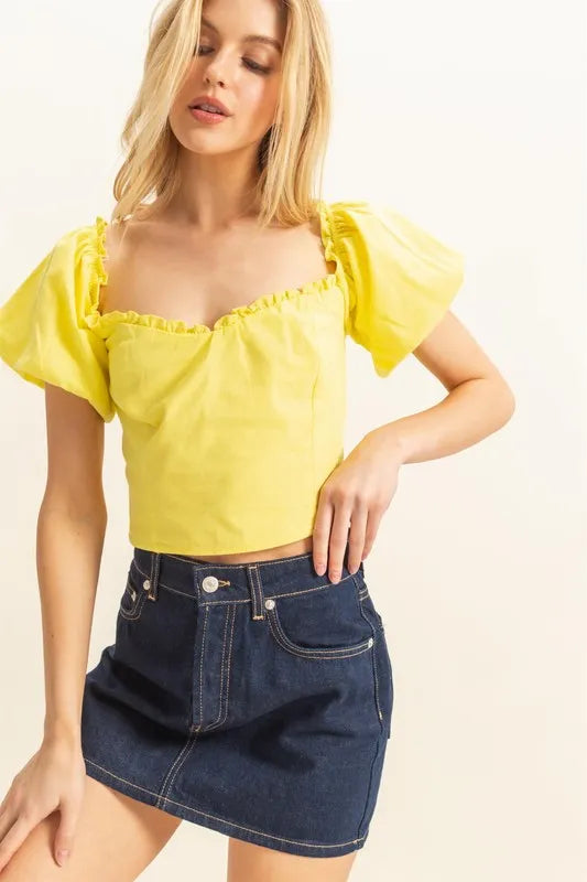 HYFVE Puff Sleeve Sweetheart Neck Top-HYFVE-YELLOW-S-Urbanheer