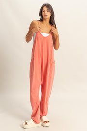 HYFVE Relaxed Fit Mineral Washed Overalls with Pockets-HYFVE-Coral-S-Urbanheer