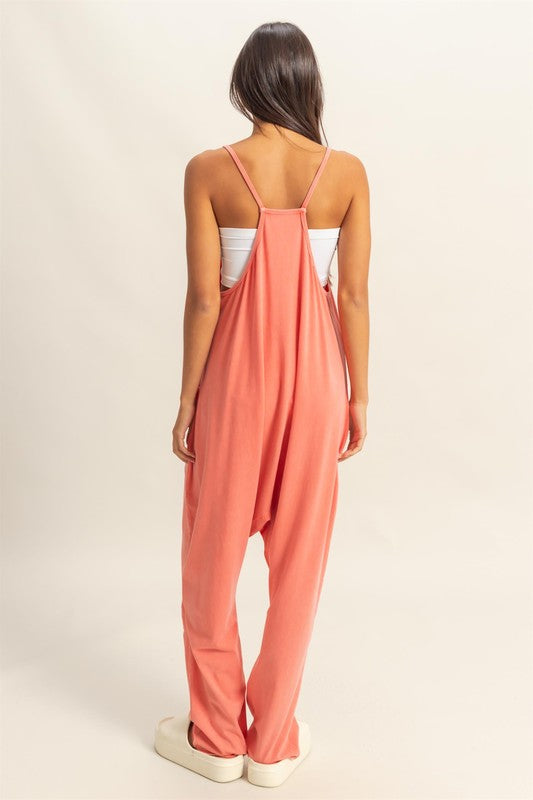 HYFVE Relaxed Fit Mineral Washed Overalls with Pockets-HYFVE-Coral-S-Urbanheer