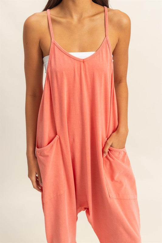 HYFVE Relaxed Fit Mineral Washed Overalls with Pockets-HYFVE-Coral-S-Urbanheer