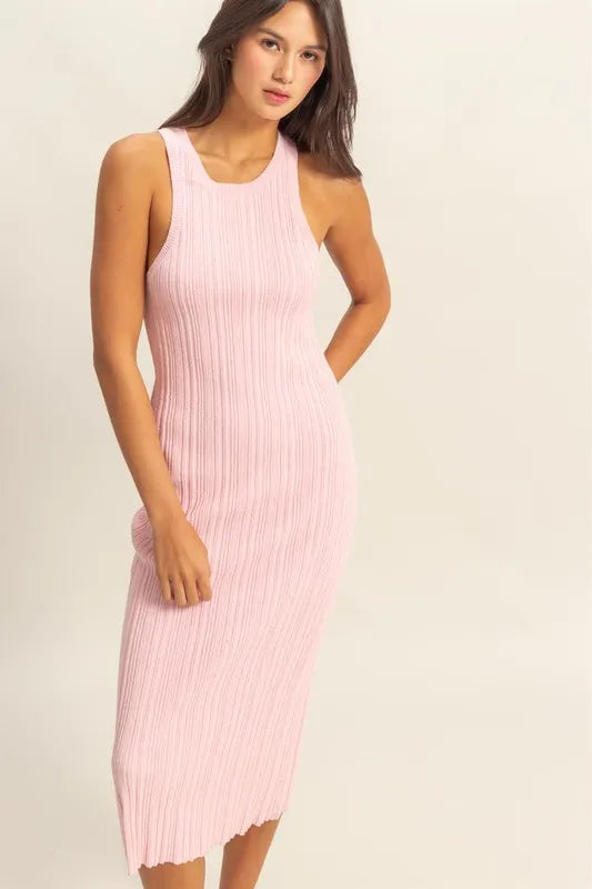 HYFVE Round Neck Bodycon Ribbed Knit Dress-HYFVE-SOFT PINK-M-Urbanheer