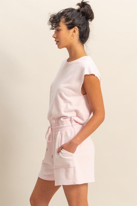 HYFVE Round Neck Cap Sleeve Drawstring Waist Romper-HYFVE-Soft Pink-S-Urbanheer