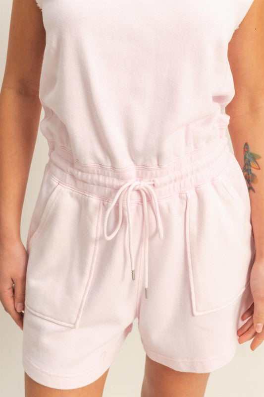 HYFVE Round Neck Cap Sleeve Drawstring Waist Romper-HYFVE-Soft Pink-S-Urbanheer