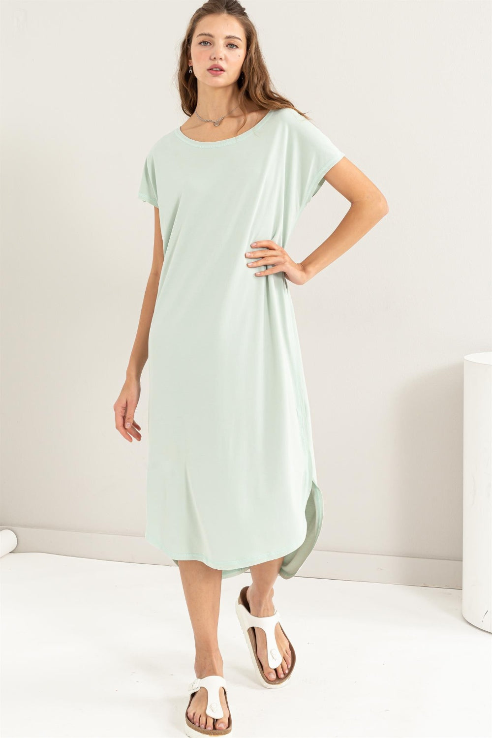 HYFVE Short Sleeve High-Low Slit Midi Dress-HYFVE-Mint-S-Urbanheer