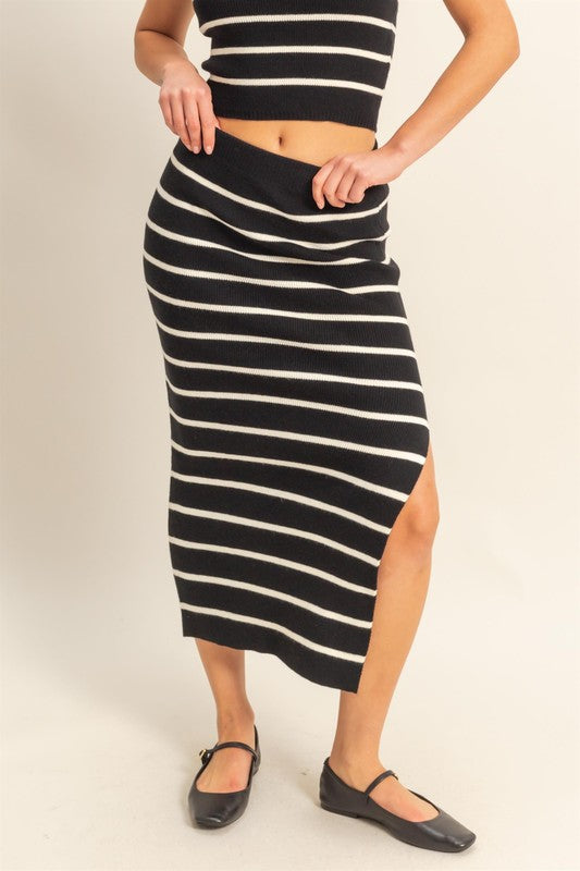HYFVE Side Slit Striped Bodycon Sweater Skirt-HYFVE-Black-S-Urbanheer