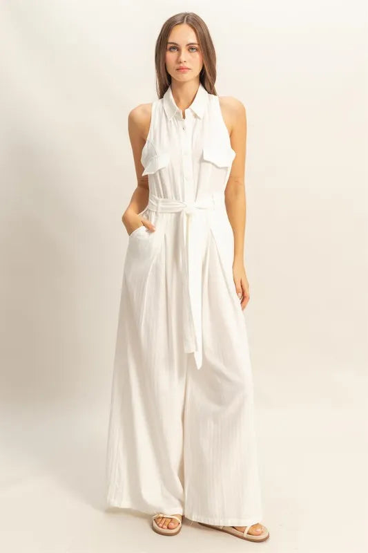 HYFVE Sleeveless Tie Waist Wide Leg Jumpsuit-HYFVE-White-S-Urbanheer