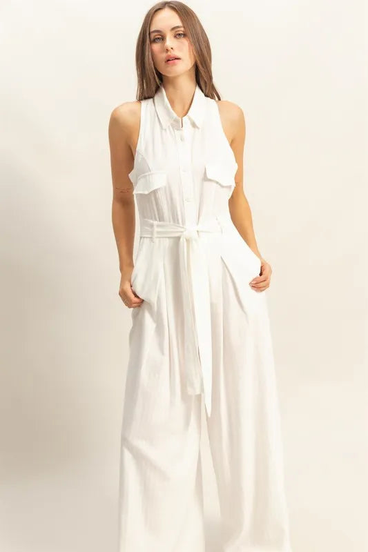 HYFVE Sleeveless Tie Waist Wide Leg Jumpsuit-HYFVE-White-S-Urbanheer