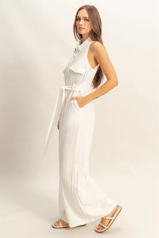 HYFVE Sleeveless Tie Waist Wide Leg Jumpsuit-HYFVE-White-S-Urbanheer