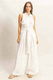 HYFVE Sleeveless Tie Waist Wide Leg Jumpsuit-HYFVE-White-S-Urbanheer