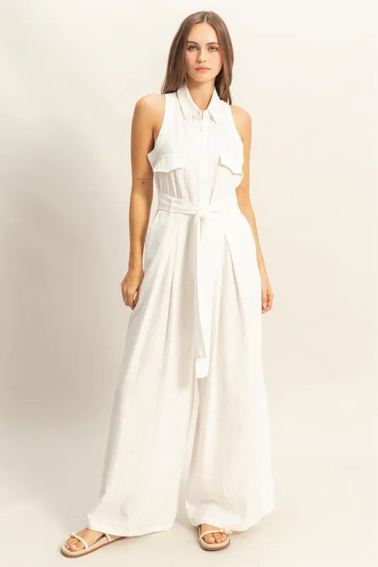HYFVE Sleeveless Tie Waist Wide Leg Jumpsuit-HYFVE-White-S-Urbanheer
