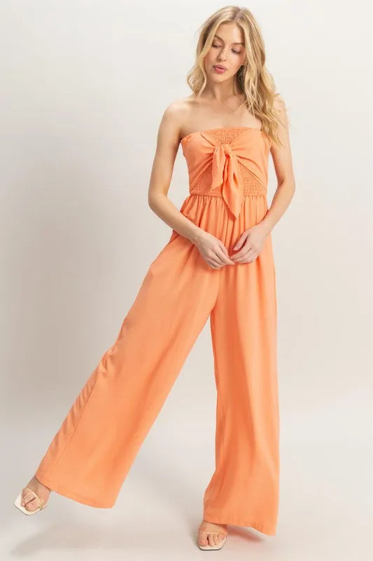 HYFVE Strapless Tie Front Smocked Jumpsuit-HYFVE-L.ORANGE-M-Urbanheer