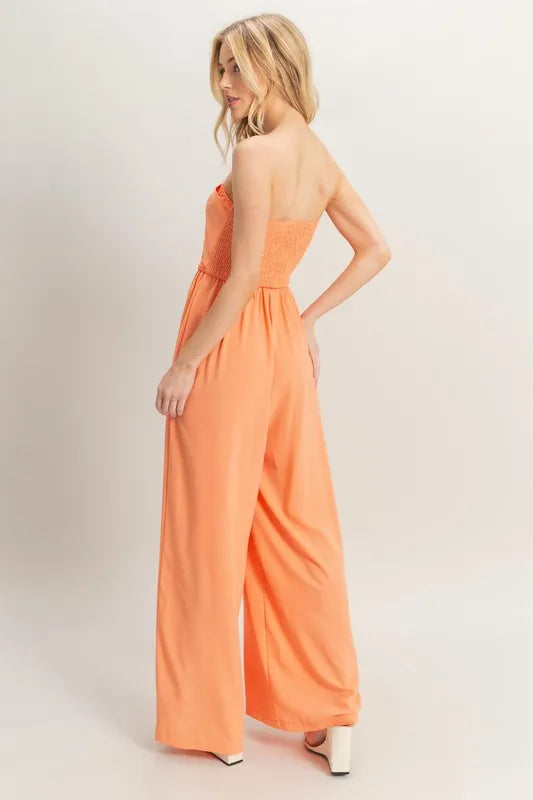 HYFVE Strapless Tie Front Smocked Jumpsuit-HYFVE-L.ORANGE-M-Urbanheer