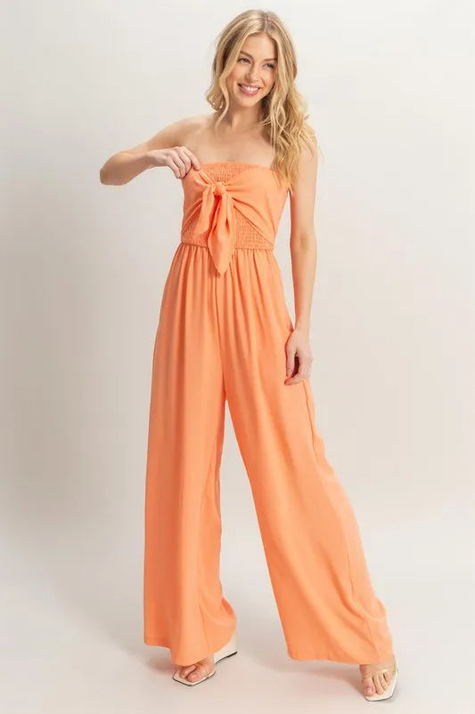 HYFVE Strapless Tie Front Smocked Jumpsuit-HYFVE-L.ORANGE-M-Urbanheer
