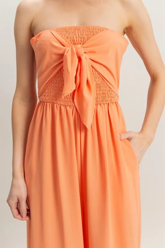 HYFVE Strapless Tie Front Smocked Jumpsuit-HYFVE-L.ORANGE-M-Urbanheer
