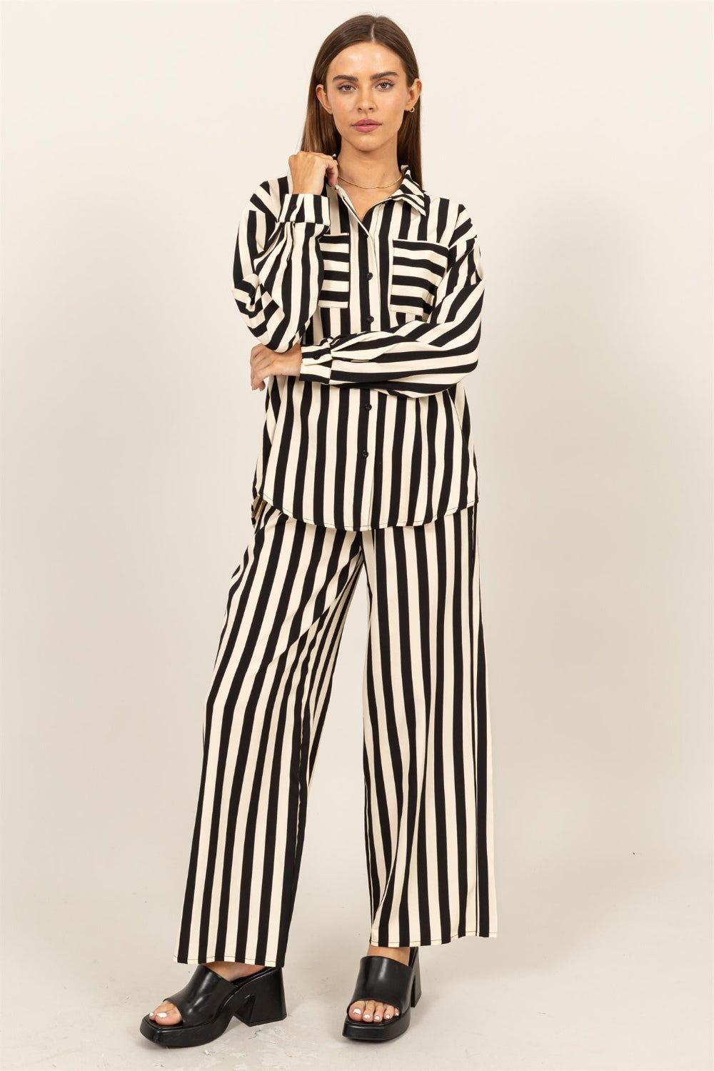 HYFVE Striped Button Up Shirt and Pants Set-HYFVE-Black-S-Urbanheer