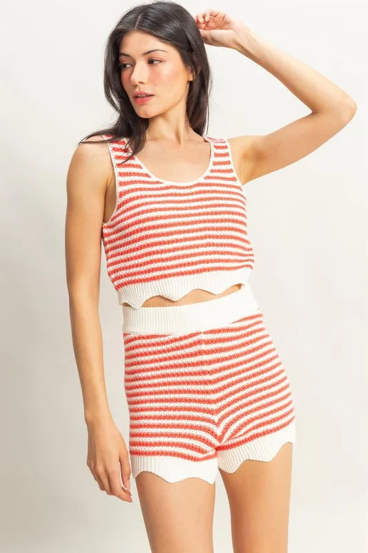 HYFVE Striped Cropped Tank and Shorts Set-HYFVE-CORAL/CREAM-L-Urbanheer