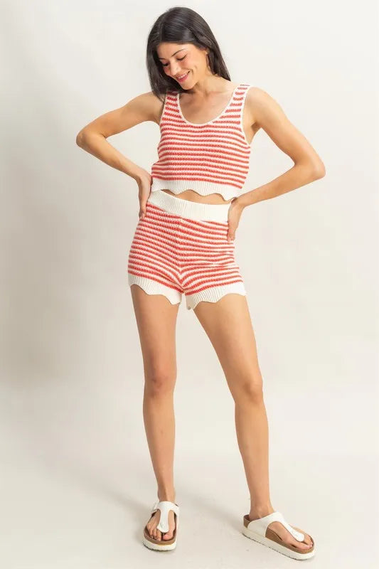 HYFVE Striped Cropped Tank and Shorts Set-HYFVE-CORAL/CREAM-L-Urbanheer