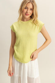 HYFVE Textured Round Neck Cap Sleeve Knit Top-HYFVE-Neon Yellow-S-Urbanheer
