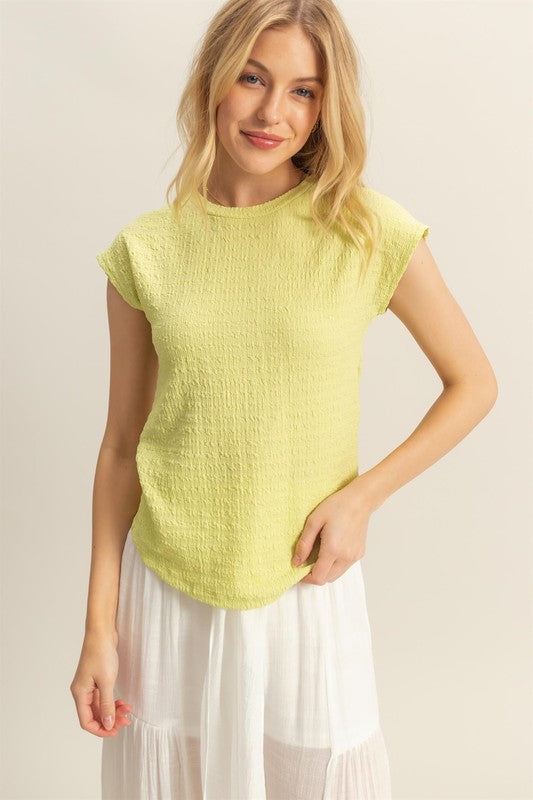 HYFVE Textured Round Neck Cap Sleeve Knit Top-HYFVE-Neon Yellow-S-Urbanheer