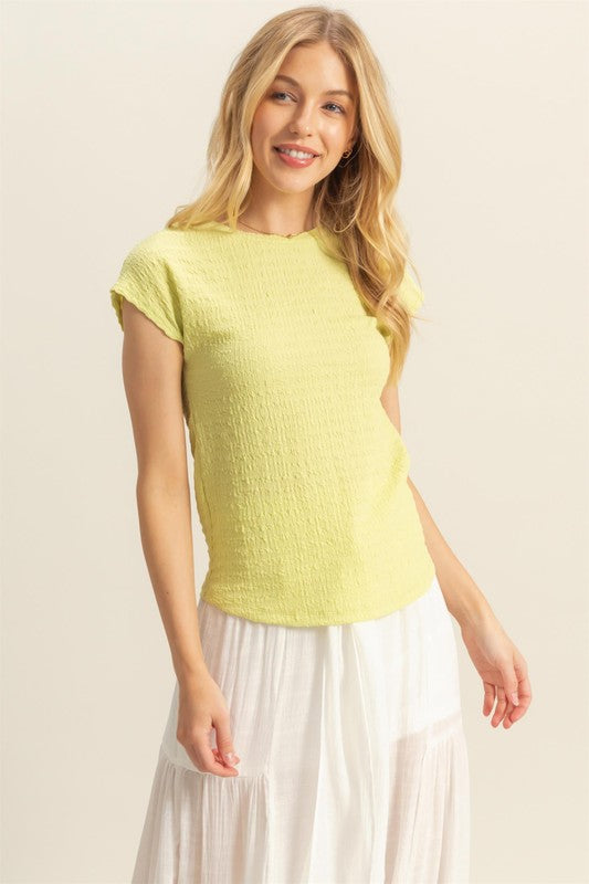 HYFVE Textured Round Neck Cap Sleeve Knit Top-HYFVE-Neon Yellow-S-Urbanheer