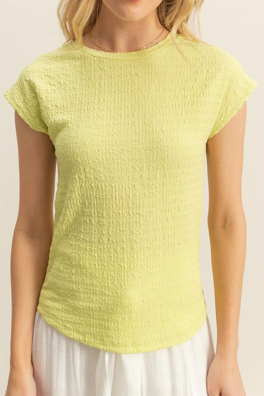 HYFVE Textured Round Neck Cap Sleeve Knit Top-HYFVE-Neon Yellow-S-Urbanheer