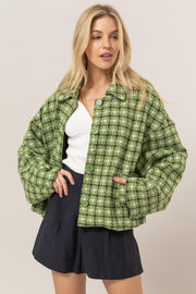 HYFVE Tweed Plaid Button Up Collared Neck Jacket-HYFVE-Green-S-Urbanheer